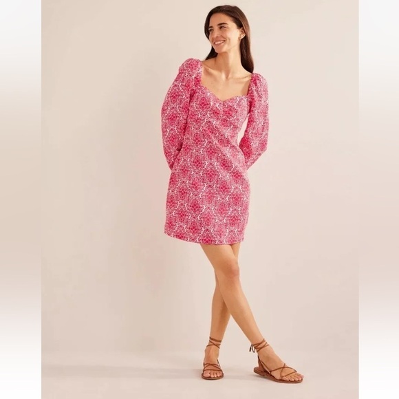 BODEN Women’s Red Mini Shift Dress Floral Puff Sleeve Linen Size 20-22L Coquette - Picture 1 of 11
